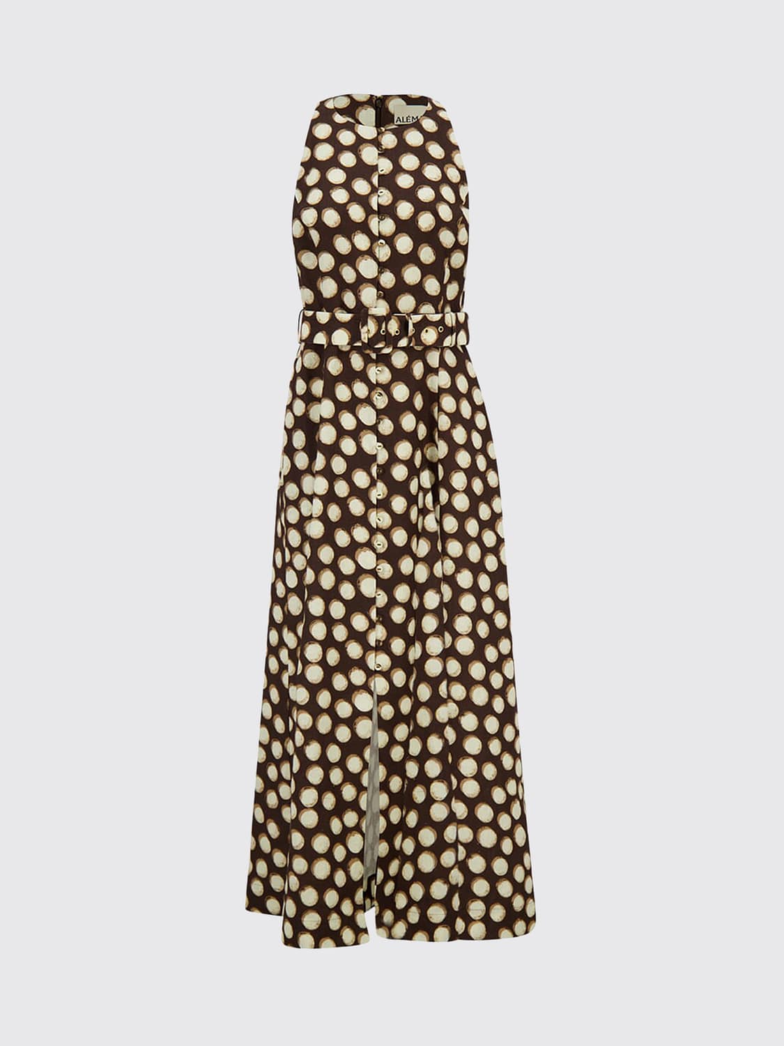 ALEMAIS KLEID: Paula Polka-Dot schulterfreies Leinen-Midikleid Alemais mit verstellbarem Gürtel, Braun - Img 2