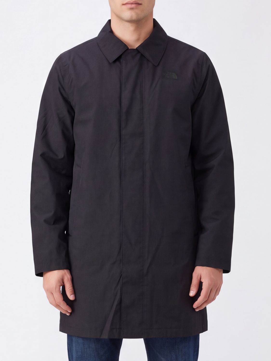 THE NORTH FACE JACKET: The North Face Knee-Length Waterproof Trench Coat with Classic Collar, Black - Img 1