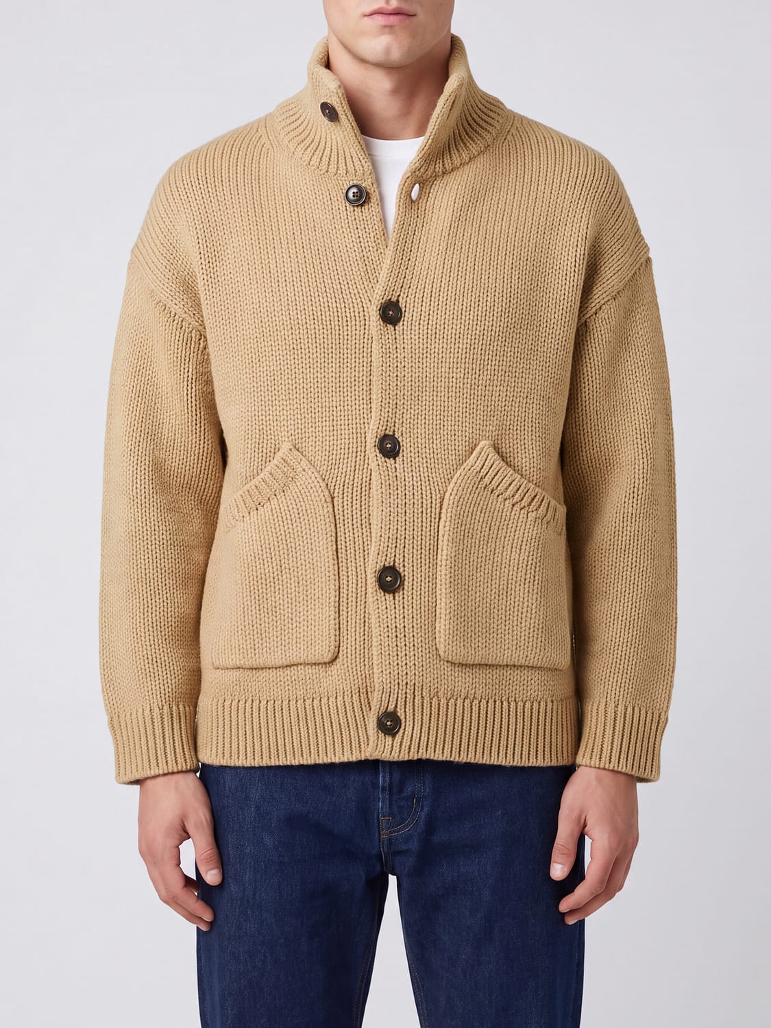 COMMAS SWEATER: 100% Wool Turtleneck Cardigan Commas with Dropped Shoulders and Patch Pockets, Brown - Img 1