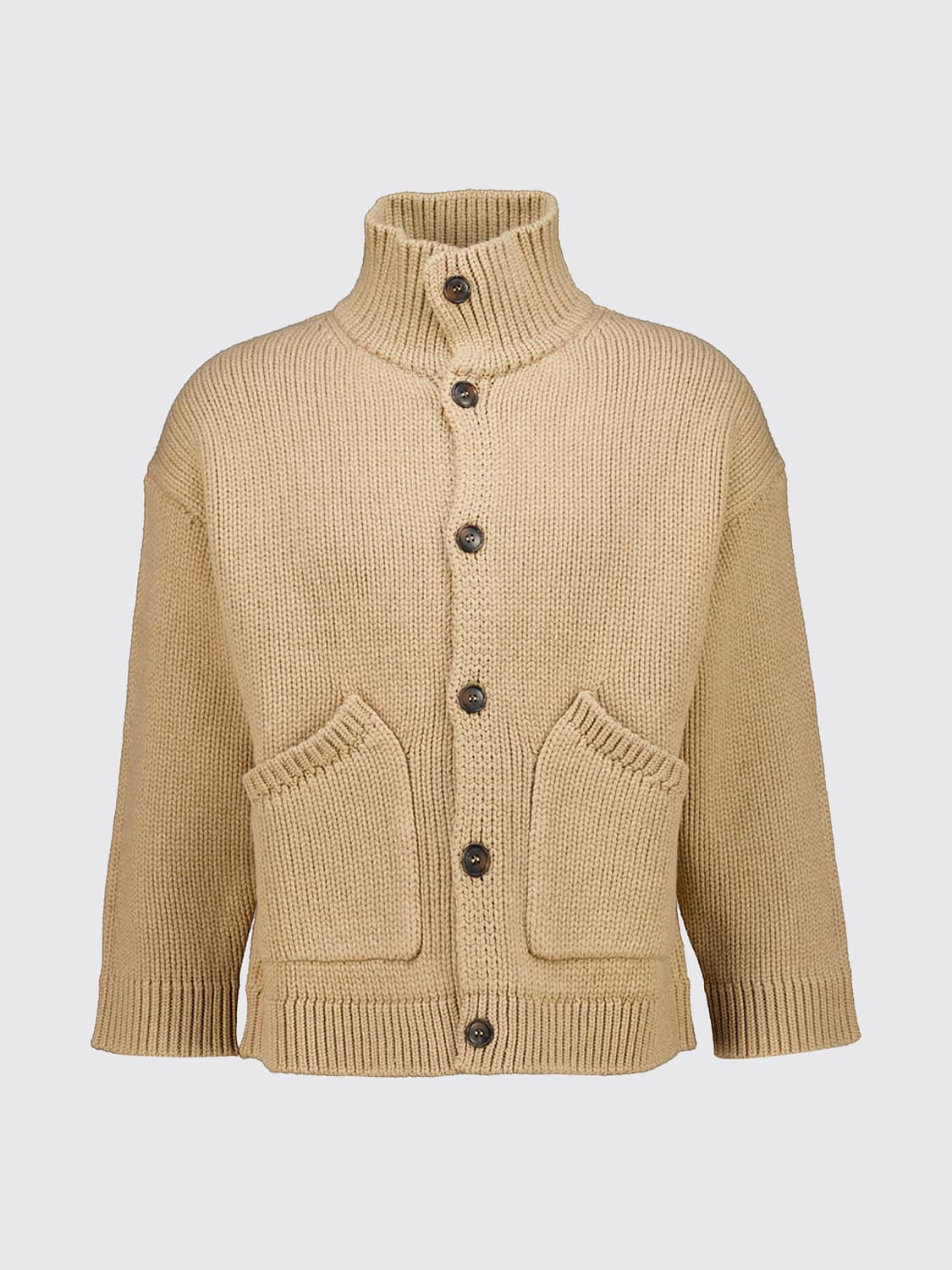 COMMAS SWEATER: 100% Wool Turtleneck Cardigan Commas with Dropped Shoulders and Patch Pockets, Brown - Img 2
