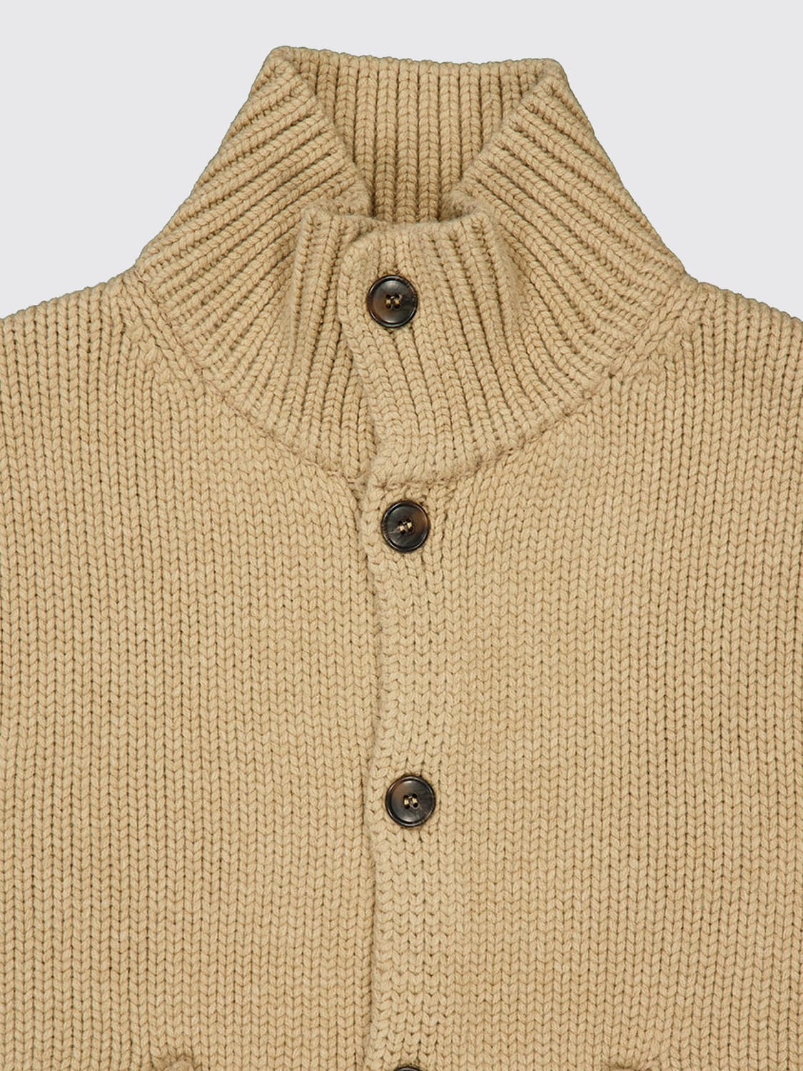 COMMAS SWEATER: 100% Wool Turtleneck Cardigan Commas with Dropped Shoulders and Patch Pockets, Brown - Img 4