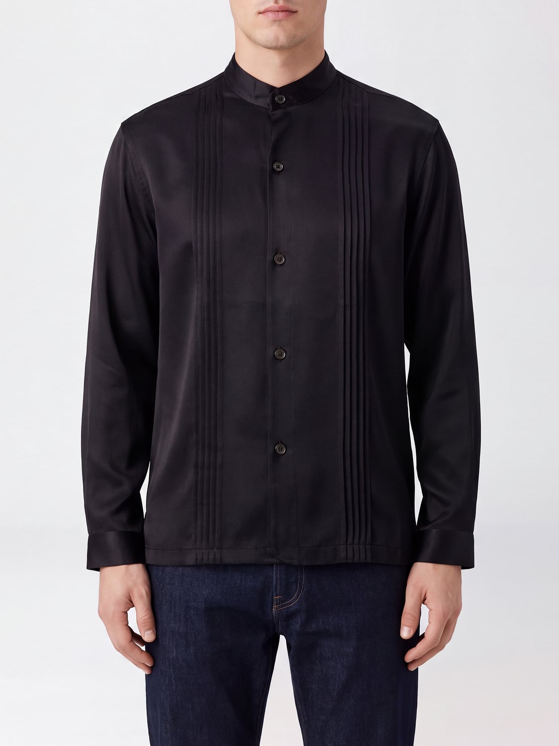 COMMAS CAMISA: Camisa Commas de seda slim fit con cuello mao y bordados, Negro - Img 1