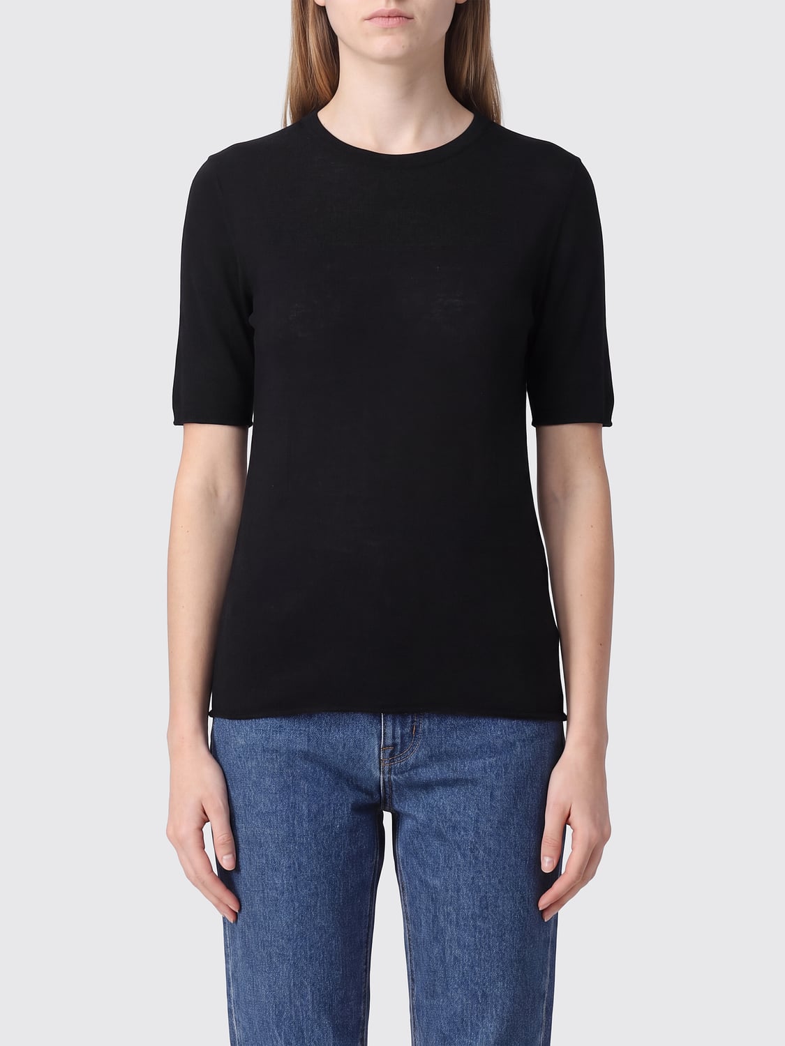LISA YANG PULL: Pull à col rond Lisa Yang coupe slim 100% cachemire à manches courtes, Noir - Img 1