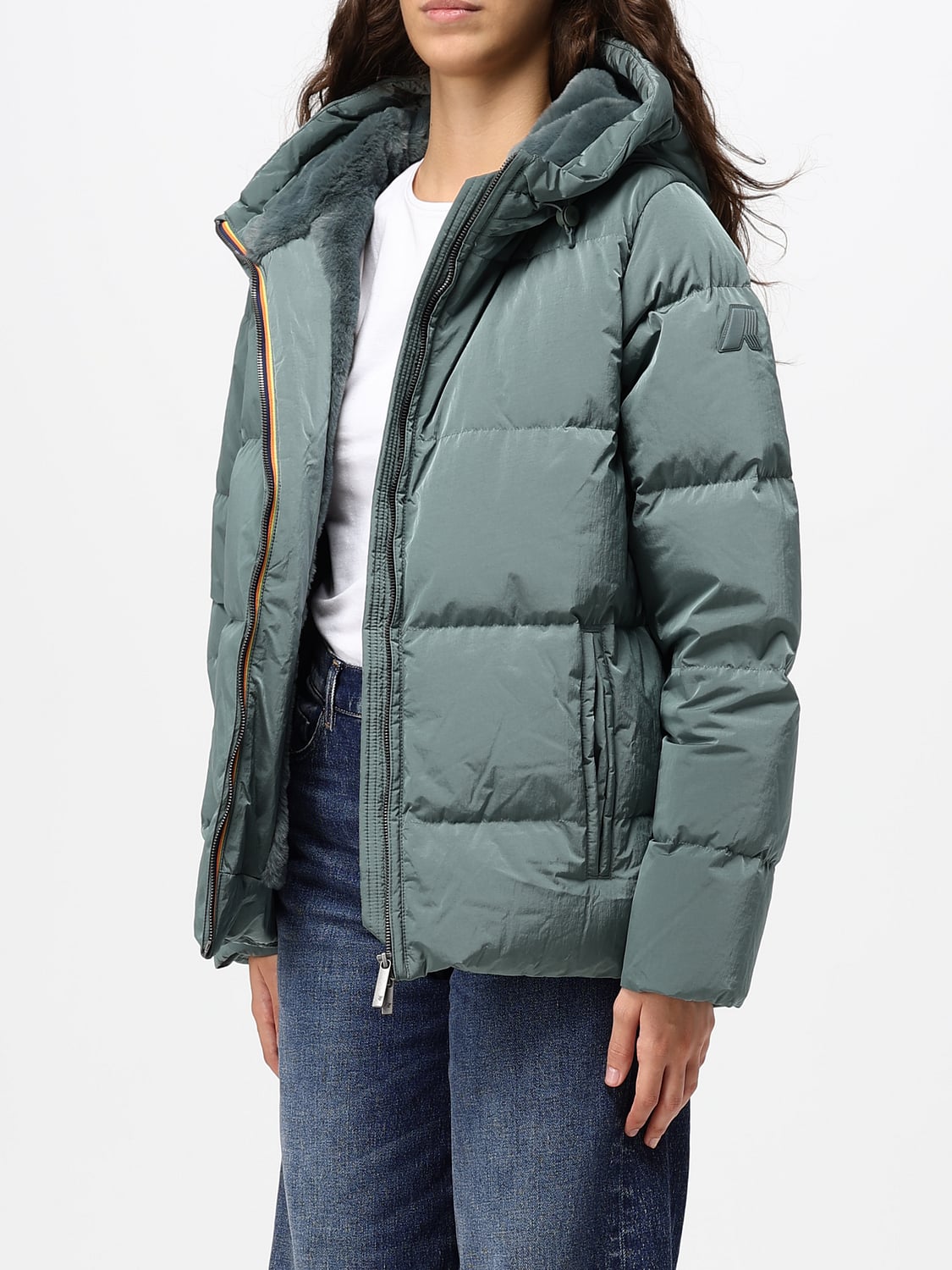K-WAY JACKET: Quilted Short Down Jacket K-Way with Hood and Fur Lining, Green - Img 3