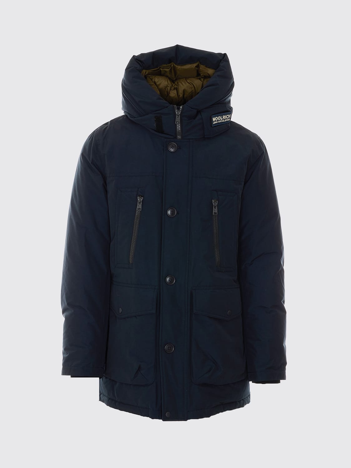 WOOLRICH COAT: Woolrich Knee-Length Hooded Parka in Cotton Blend with Button Closure, Blue - Img 2