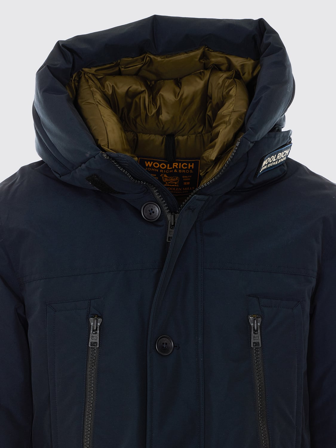 WOOLRICH COAT: Woolrich Knee-Length Hooded Parka in Cotton Blend with Button Closure, Blue - Img 4