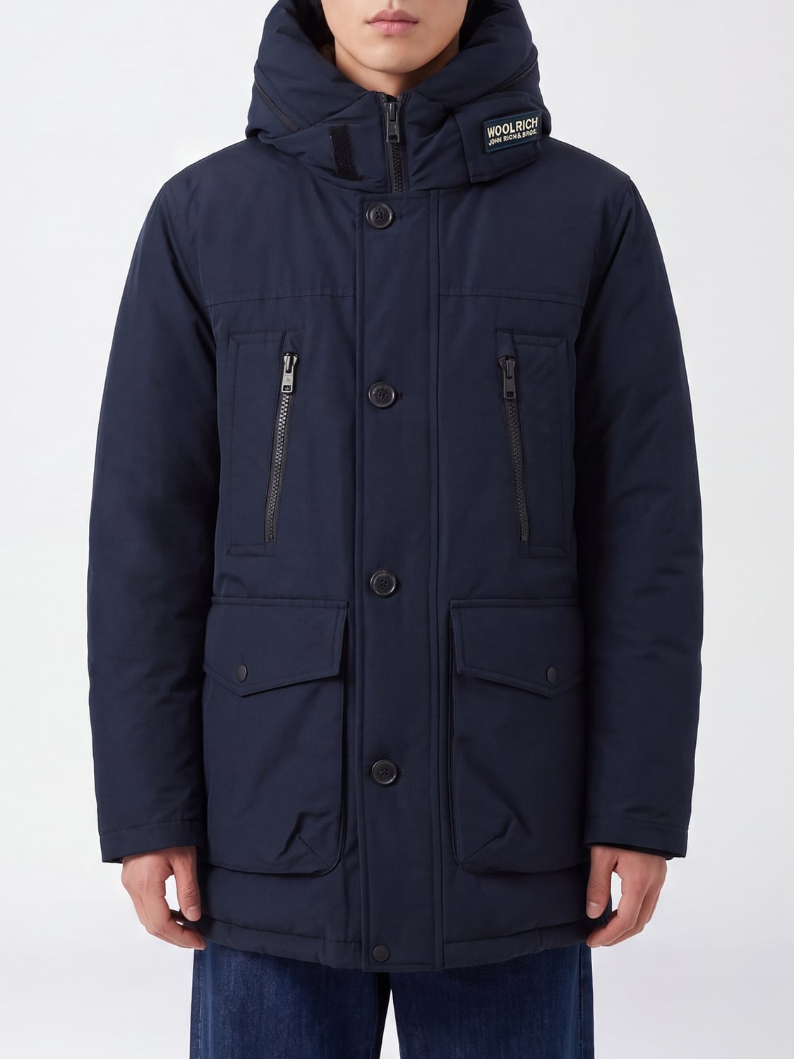 WOOLRICH COAT: Woolrich Knee-Length Hooded Parka in Cotton Blend with Button Closure, Navy - Img 1