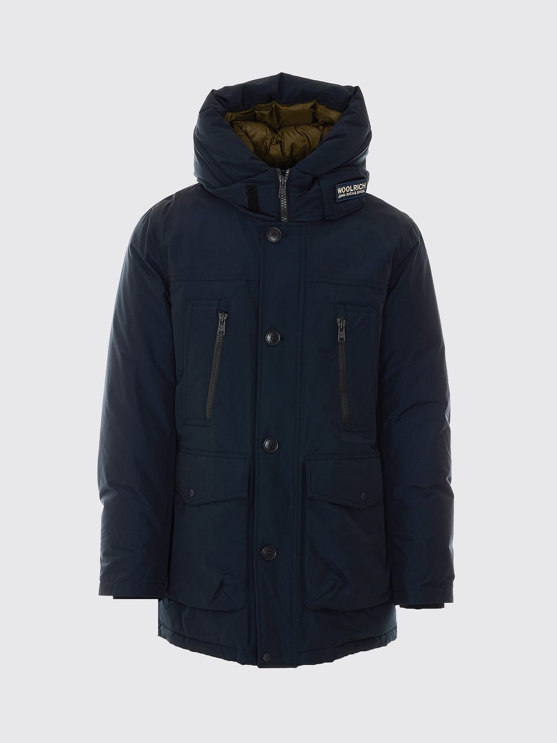WOOLRICH COAT: Woolrich Knee-Length Hooded Parka in Cotton Blend with Button Closure, Navy - Img 2
