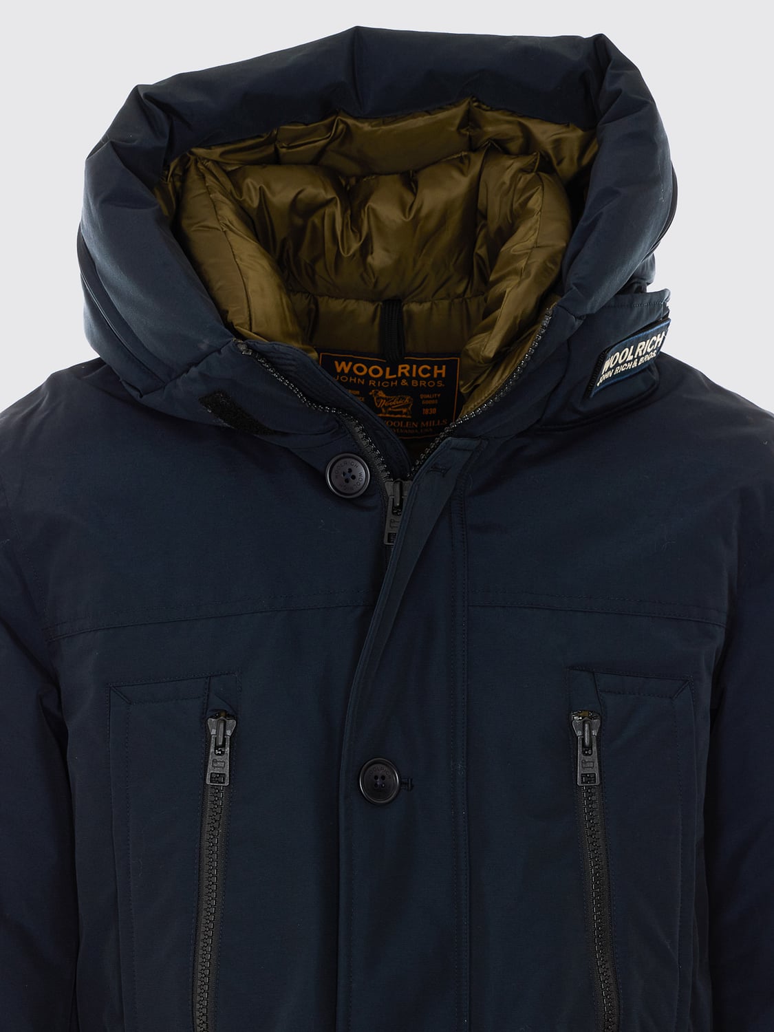 WOOLRICH COAT: Woolrich Knee-Length Hooded Parka in Cotton Blend with Button Closure, Navy - Img 4