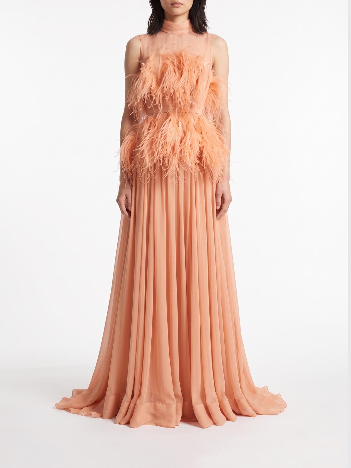 ALBERTA FERRETTI VESTIDO: Vestido de noche largo Alberta Ferretti de seda con hombros descubiertos y plumas, Rosa - Img 1