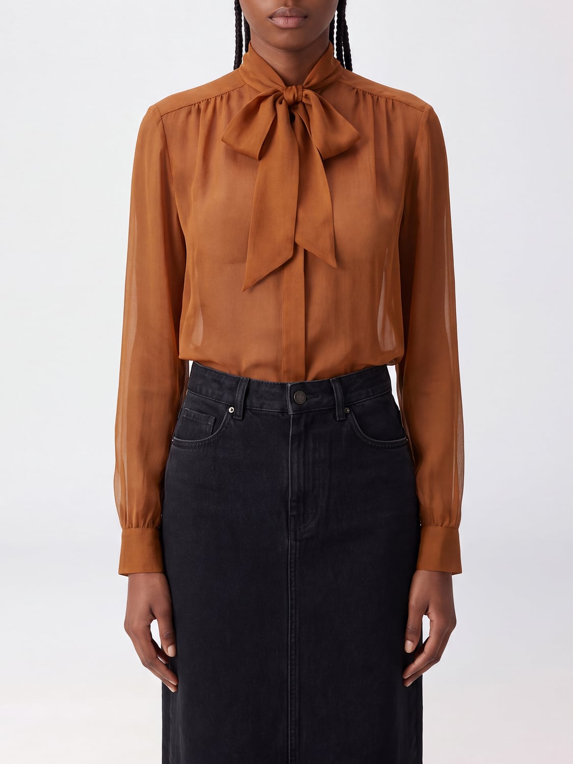LARDINI CAMISA: Blusa transparente Lardini de viscosa con cuello de lazo y cierre oculto, Marrón - Img 1