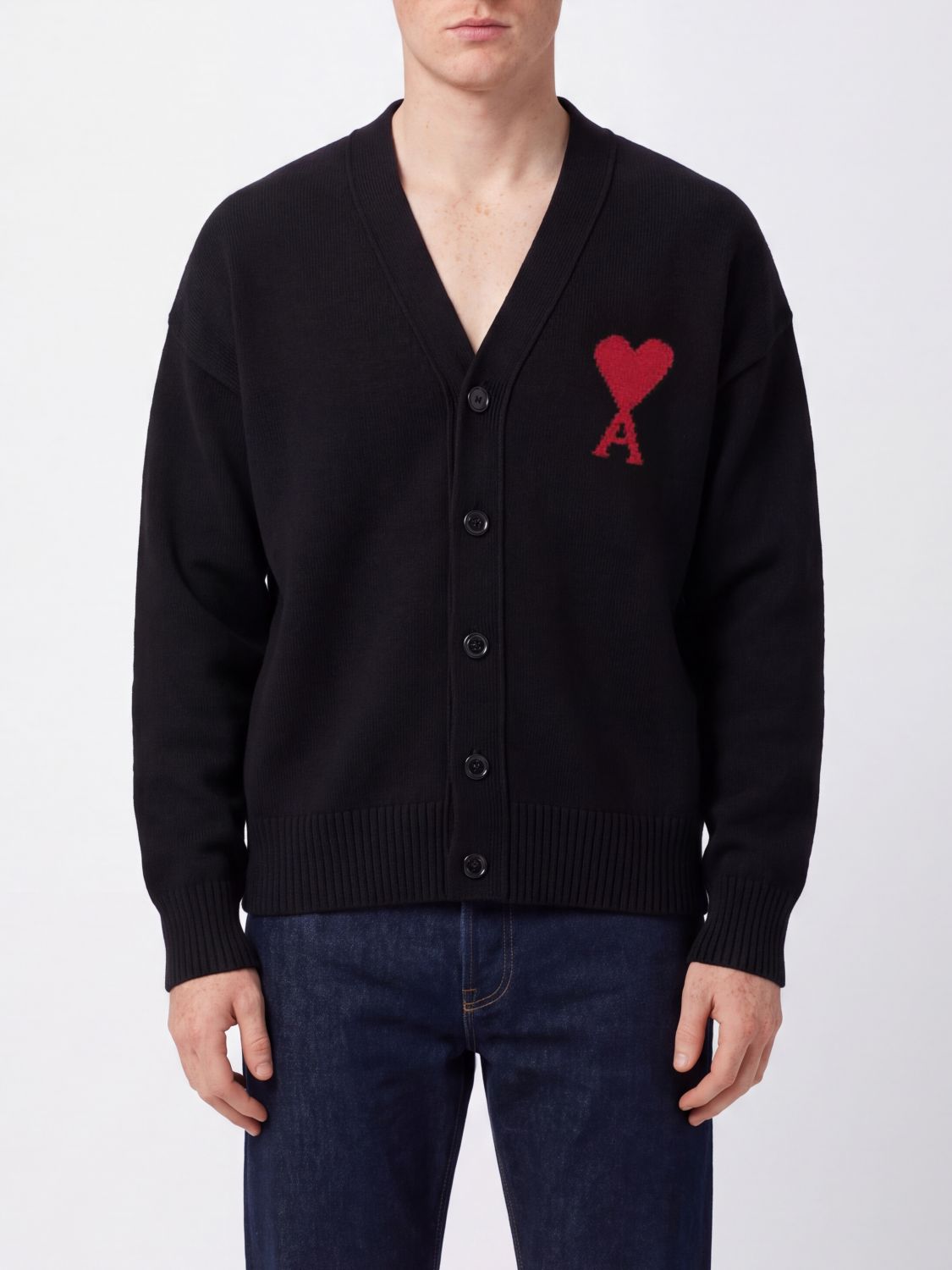 AMI PARIS PULL: Cardigan en pure laine à col V Ami Paris avec logo contrasté, Noir - Img 1