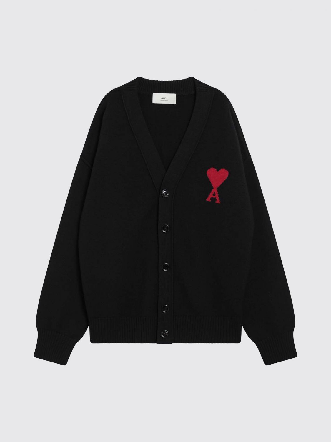 AMI PARIS PULL: Cardigan en pure laine à col V Ami Paris avec logo contrasté, Noir - Img 2