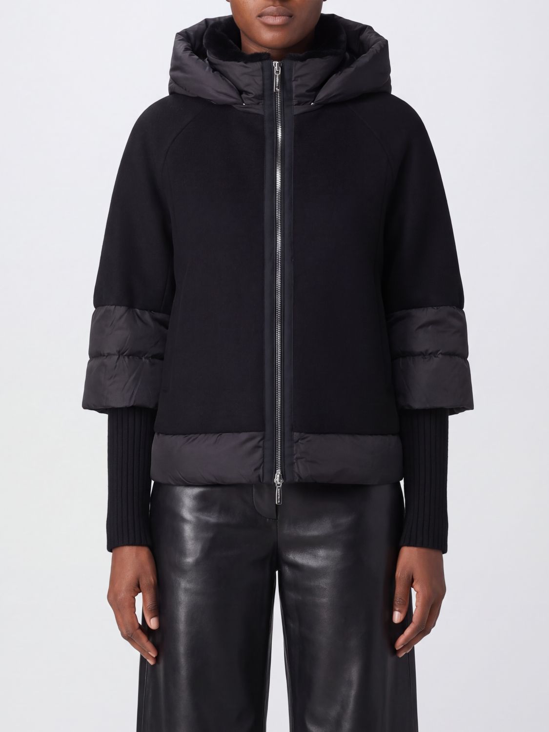 MOORER JACKET: Moorer Short Hooded Down Jacket in Wool and Cashmere, Black - Img 1