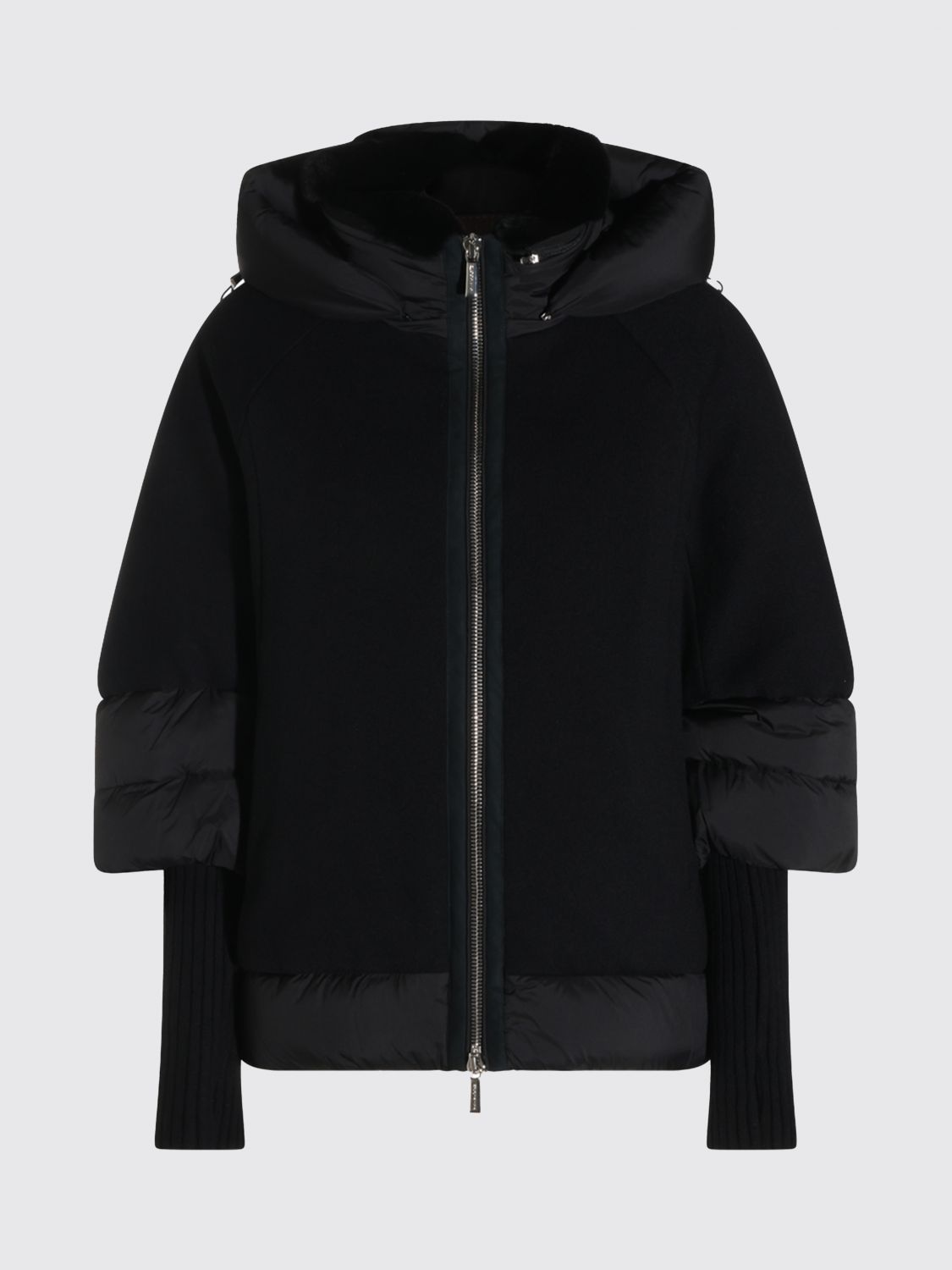 MOORER JACKET: Moorer Short Hooded Down Jacket in Wool and Cashmere, Black - Img 2