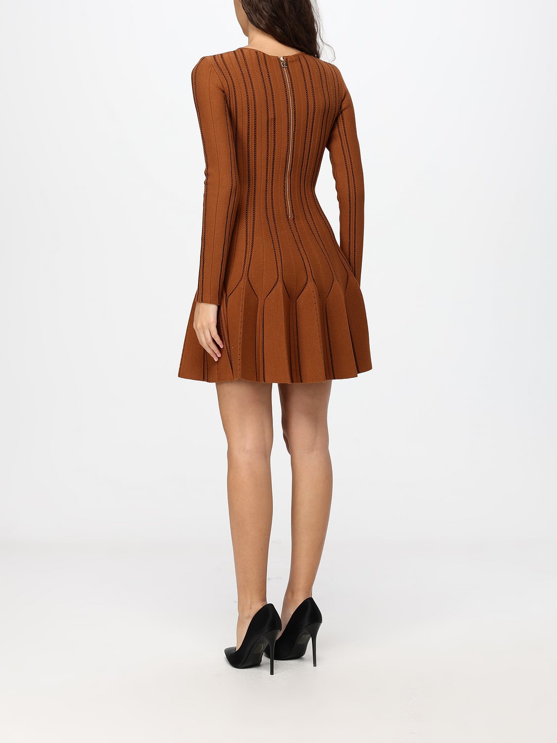 ELISABETTA FRANCHI ABITO: Abito mini A-line Elisabetta Franchi in jersey con ricamo e maniche lunghe, Cuoio - Img 2