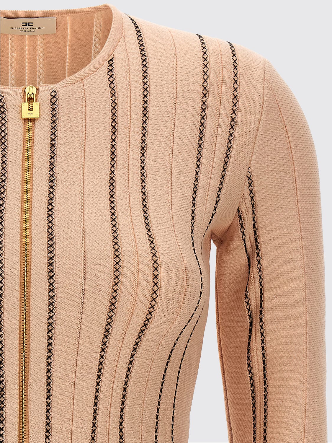 ELISABETTA FRANCHI PULL: Cardigan rayé à coupe slim Elisabetta Franchi avec col rond et fermeture zippée, Rose - Img 4