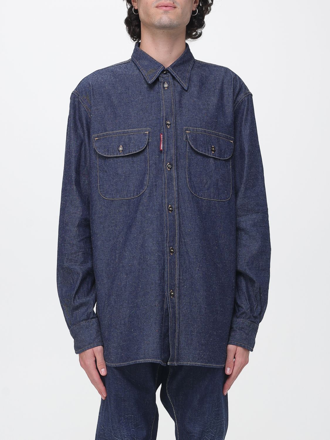 DSQUARED2 CAMISA: Camisa casual Dsquared2 de algodón con bolsillos de parche con solapa y mangas largas, Azul Oscuro - Img 1