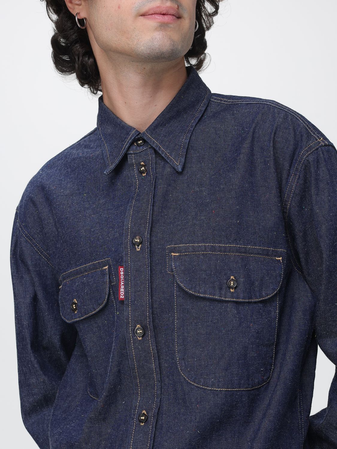 DSQUARED2 CAMISA: Camisa casual Dsquared2 de algodón con bolsillos de parche con solapa y mangas largas, Azul Oscuro - Img 3