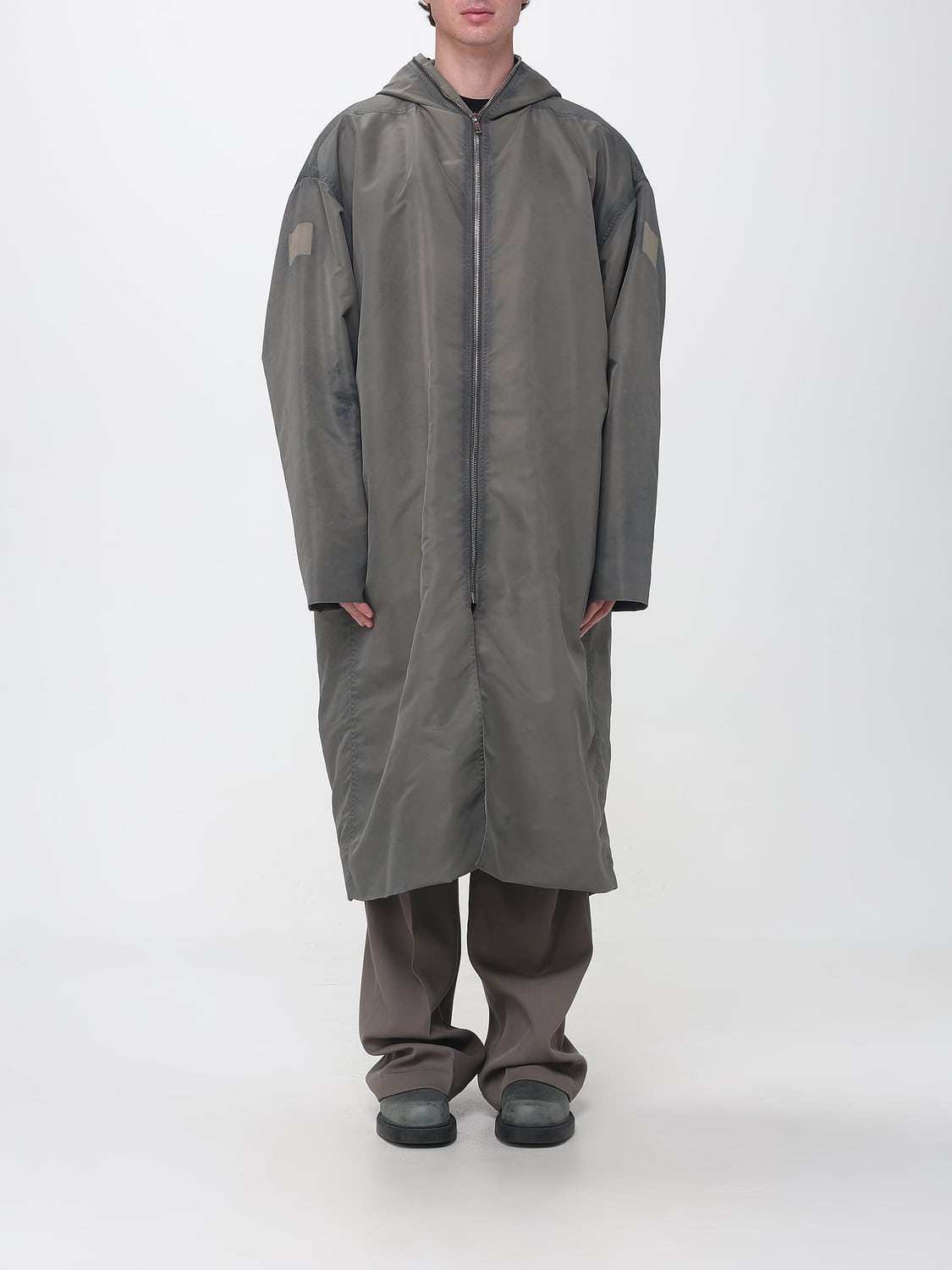 RICK OWENS COAT: Rick Owens Oversized Long Water-Repellent Nylon Parka with Hood and Zip, Grey - Img 1