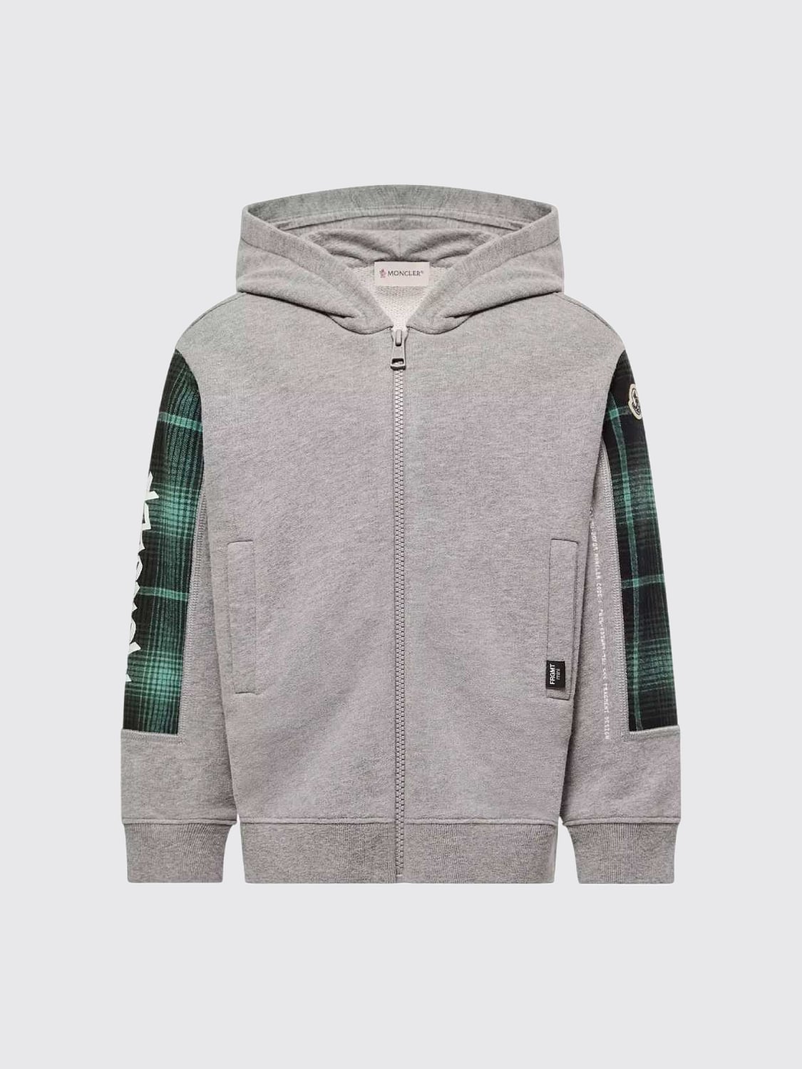 MONCLER PULLOVER: Kapuzen-Sweatshirt Moncler für Jungen aus Baumwolle mit Schottenmuster und Reißverschluss, Grau - Img 1