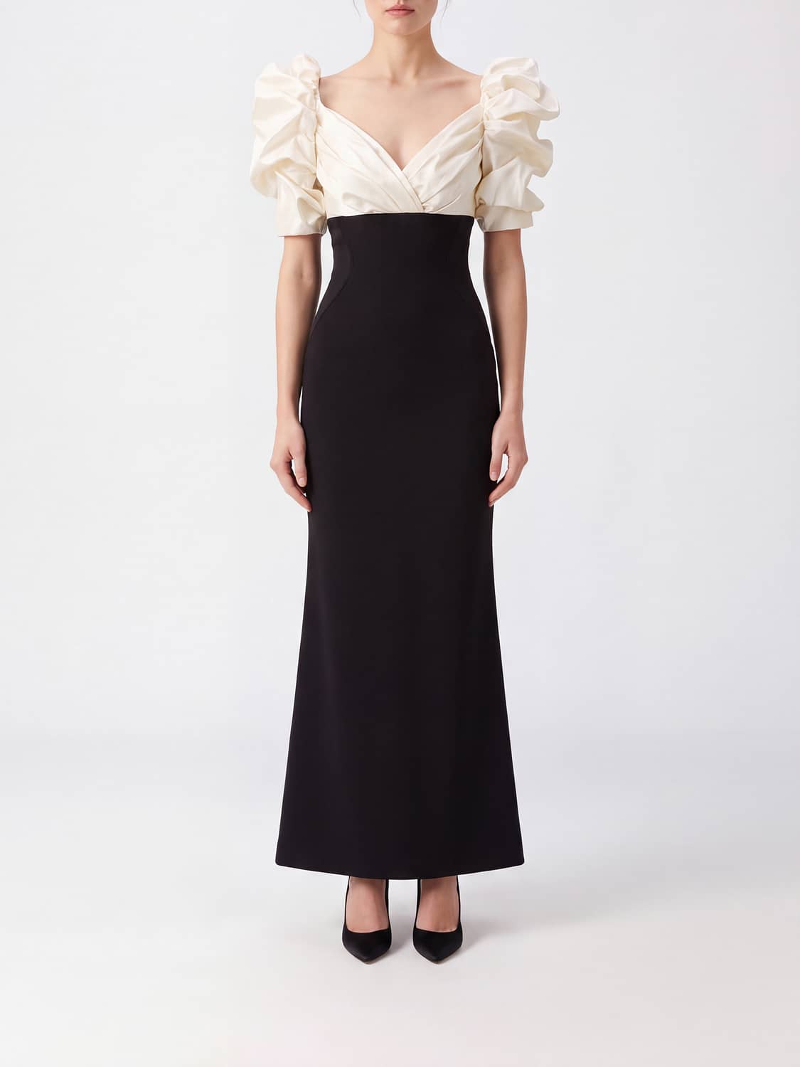 ELISABETTA FRANCHI ABITO: Abito lungo da sera Elisabetta Franchi in crêpe bicolore con scollo a V e spacco, Avorio - Img 1