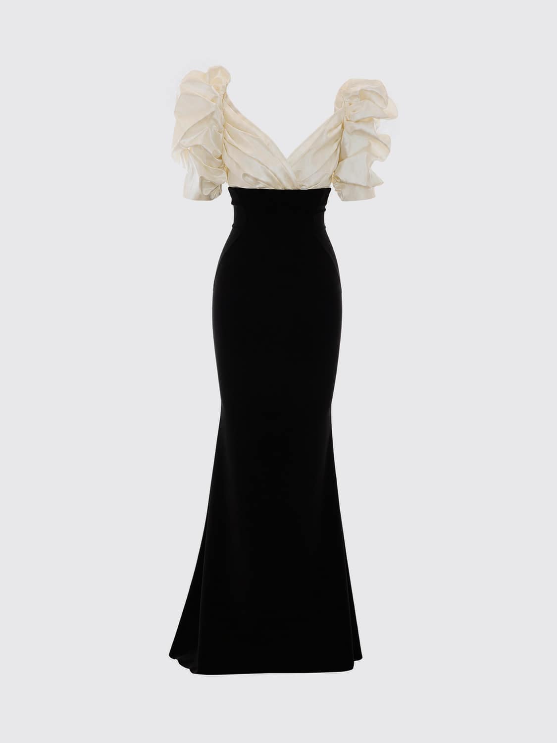 ELISABETTA FRANCHI ABITO: Abito lungo da sera Elisabetta Franchi in crêpe bicolore con scollo a V e spacco, Avorio - Img 2