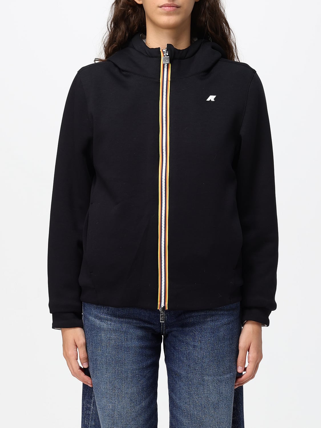 K-WAY JACKET: K-Way Deva Reversible Short Jacket with Shearling Hood and Zip Closure, Black - Img 1