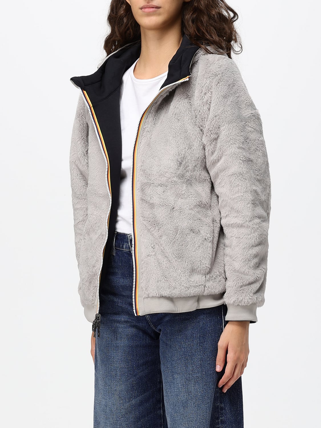 K-WAY JACKET: K-Way Deva Reversible Short Jacket with Shearling Hood and Zip Closure, Black - Img 3