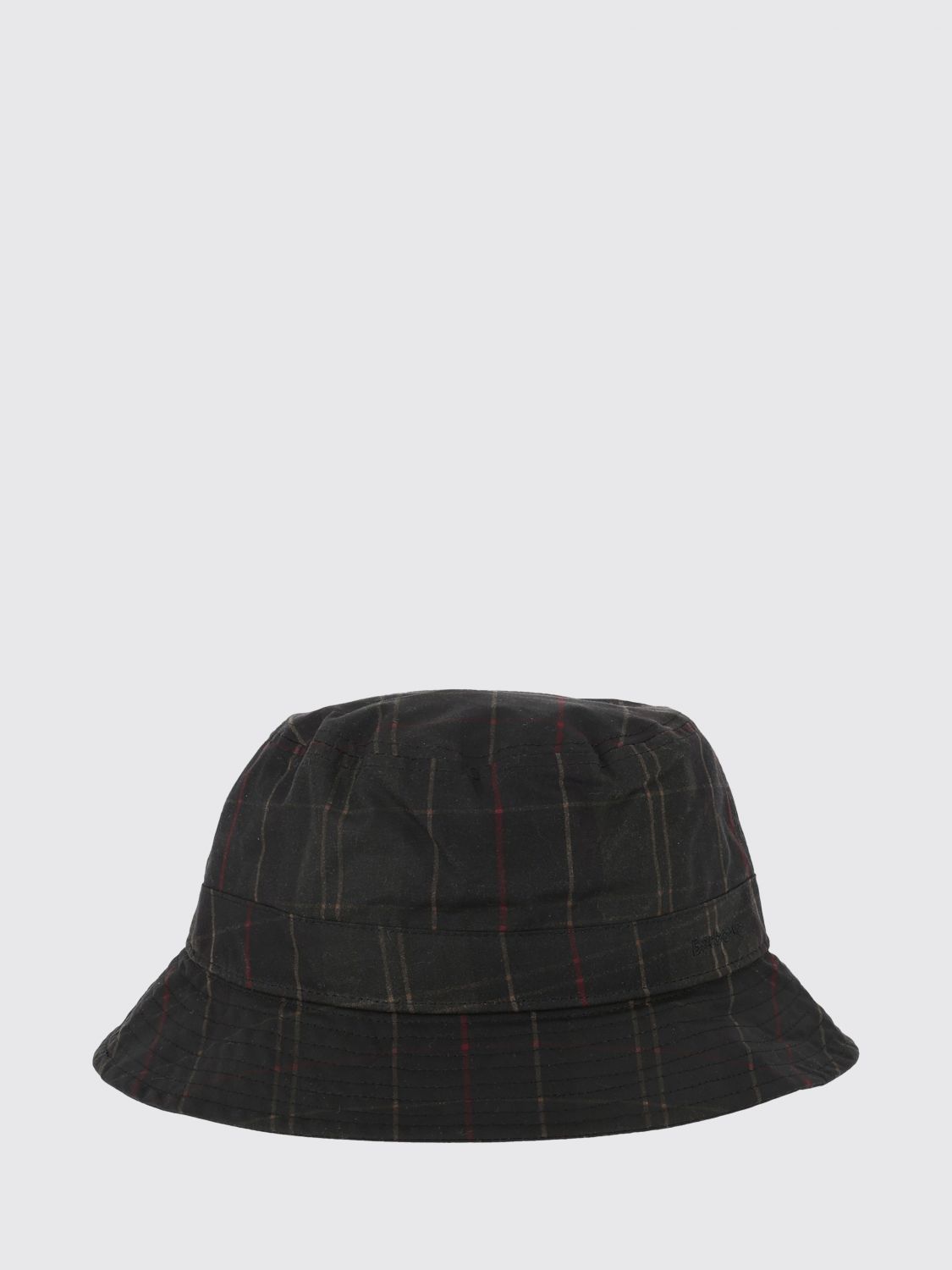 BARBOUR HAT: Barbour Waxed Cotton Bucket Hat with Tartan Pattern and Embroidered Logo, Green - Img 1