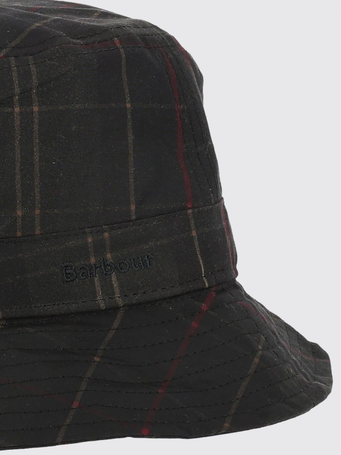 BARBOUR HAT: Barbour Waxed Cotton Bucket Hat with Tartan Pattern and Embroidered Logo, Green - Img 3