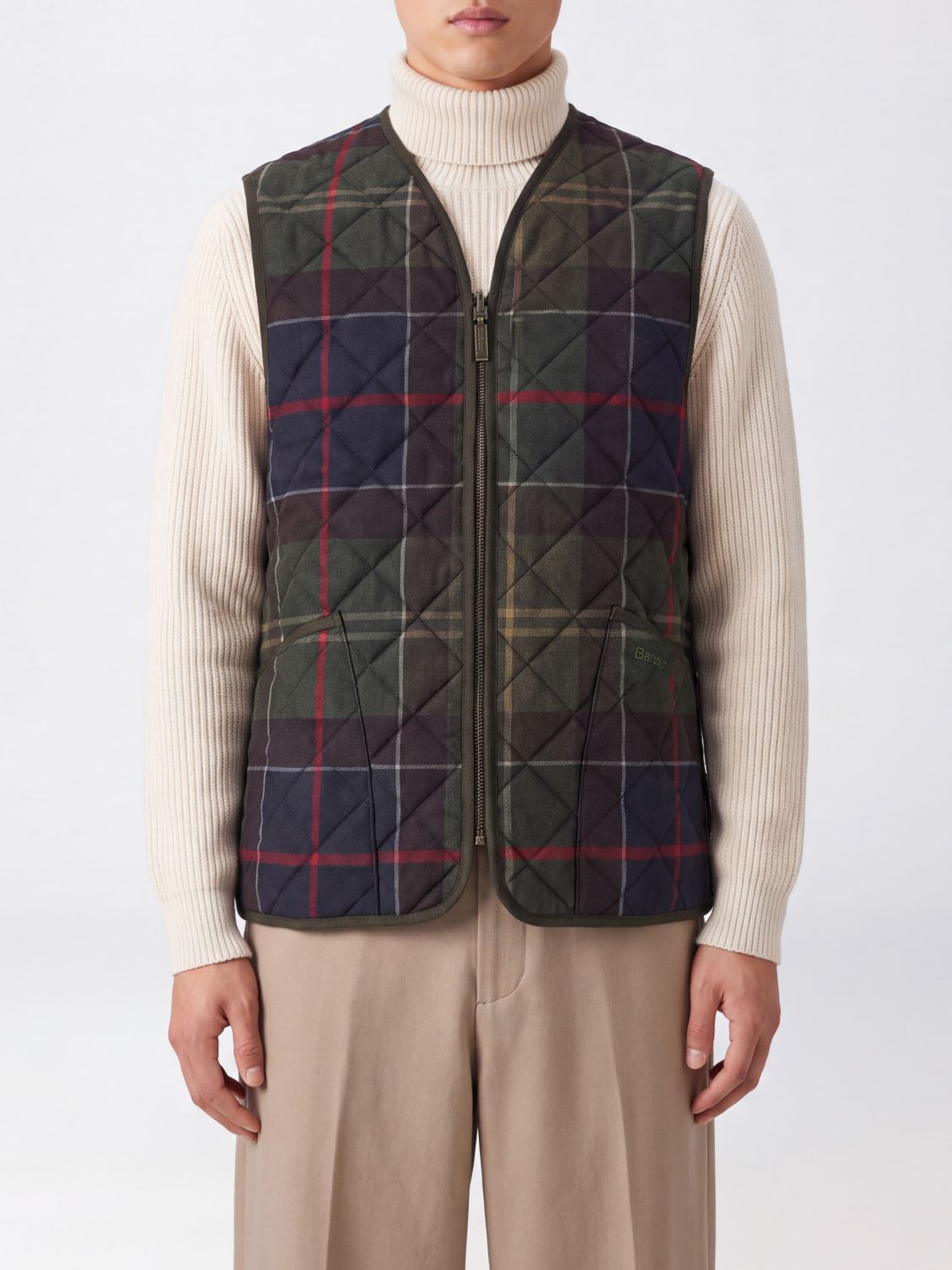 BARBOUR 西装马甲: BARBOUR 填充聚酯纤维马甲,饰有格子花呢图案和 V 领, 绿色 - Img 1