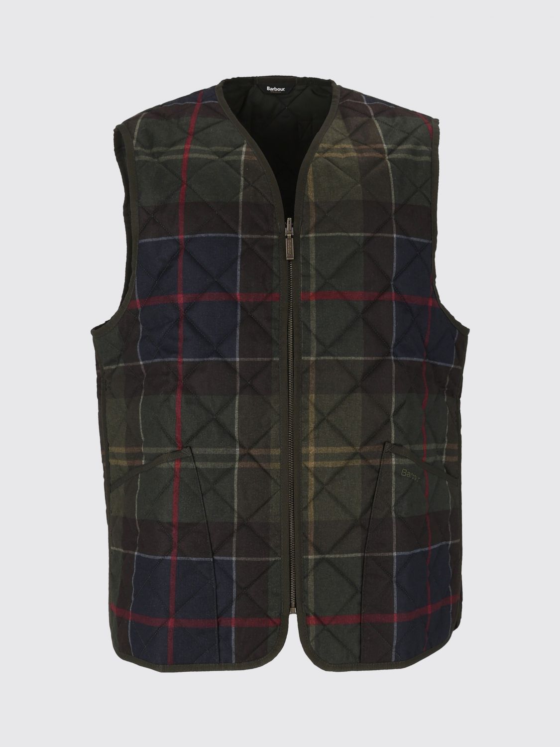 BARBOUR 西装马甲: BARBOUR 填充聚酯纤维马甲,饰有格子花呢图案和 V 领, 绿色 - Img 2
