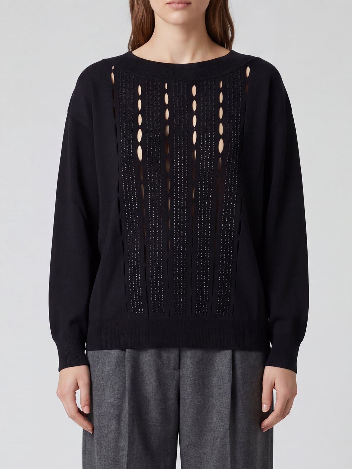 LIU JO PULL: Pull à col rond Liu Jo en viscose mélangée avec travail ajouré et perles, Noir - Img 1