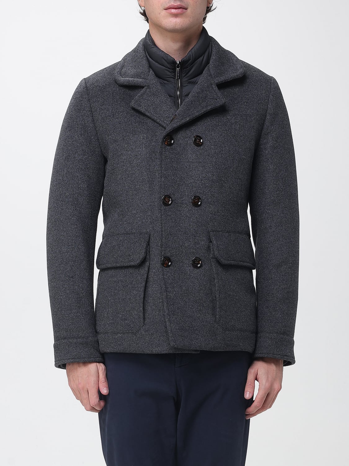 MOORER COAT: Moorer Short Double-Breasted Coat in Viscose Blend with Lapels, Grey - Img 1
