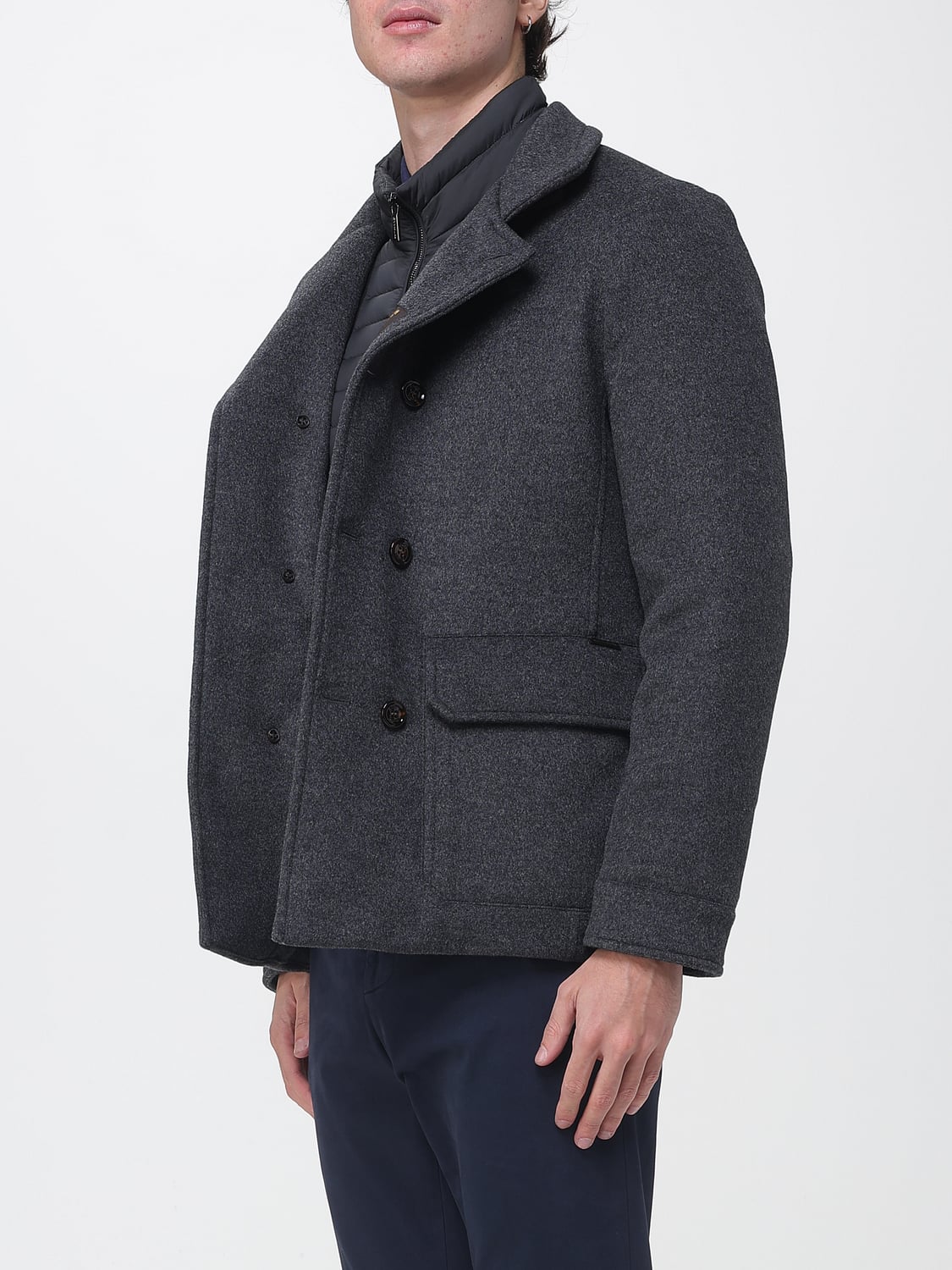 MOORER COAT: Moorer Short Double-Breasted Coat in Viscose Blend with Lapels, Grey - Img 3