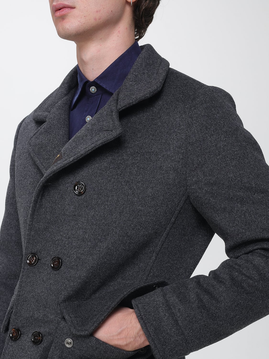 MOORER COAT: Moorer Short Double-Breasted Coat in Viscose Blend with Lapels, Grey - Img 4