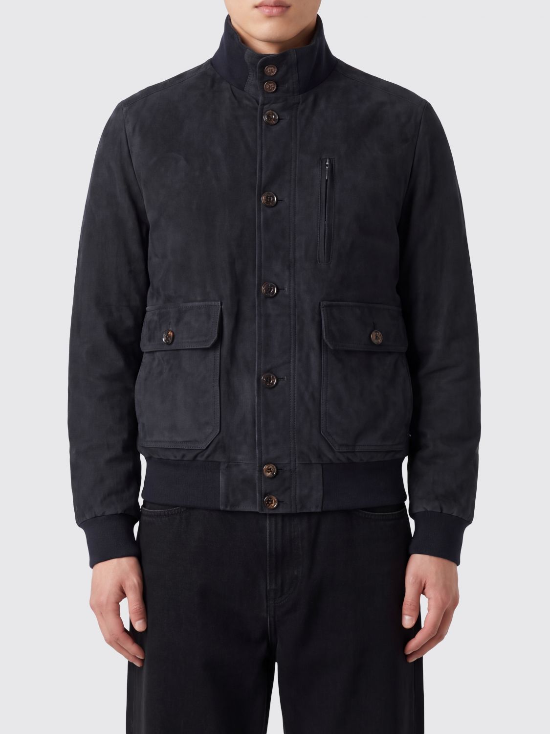 MOORER JACKET: Moorer Suede Leather Bomber Jacket with High Collar and Elasticated Hem, Blue - Img 1