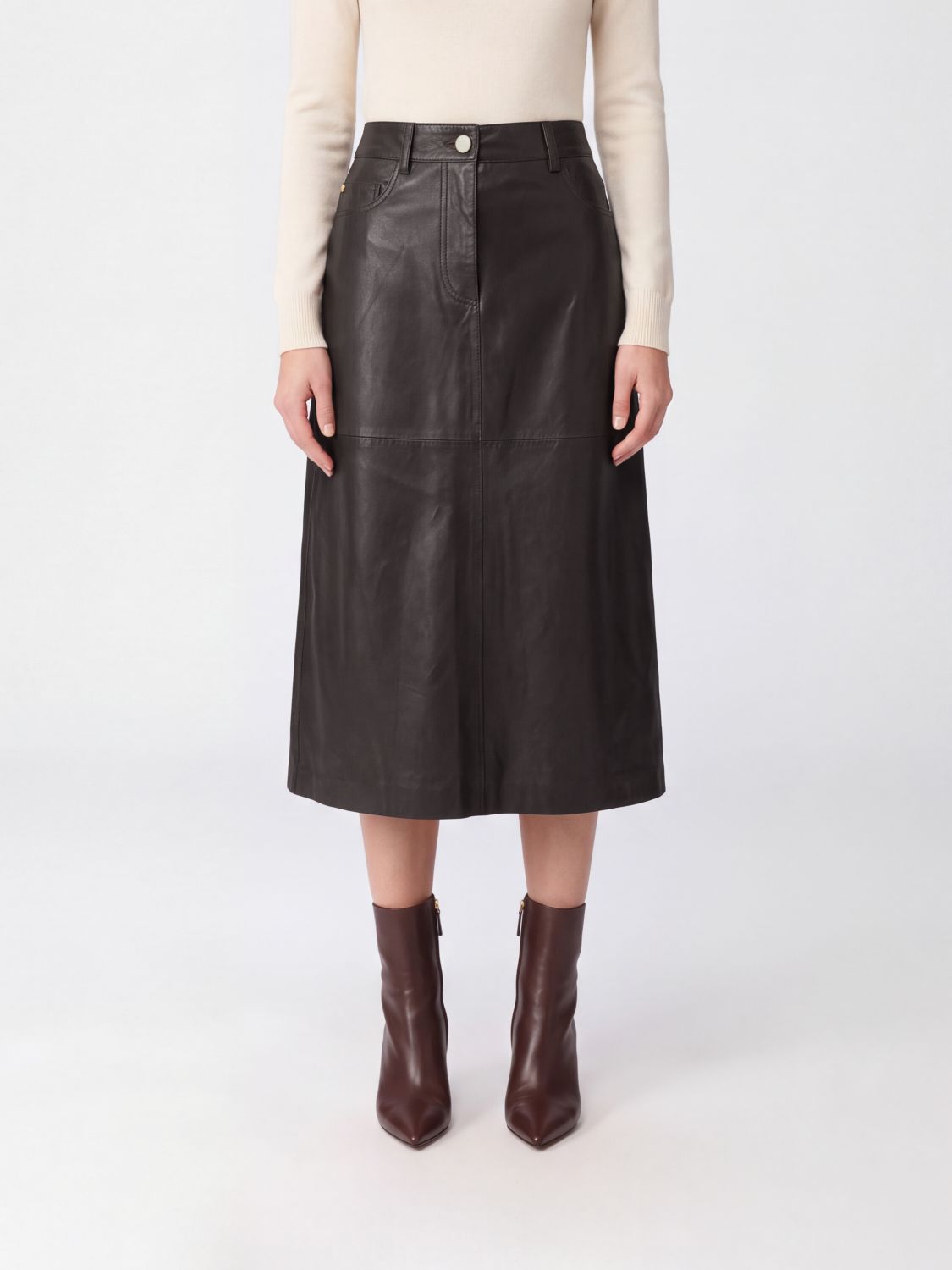 'S MAX MARA ROCK: Hoch taillierter Midi-Bleistiftrock 'S Max Mara aus glattem Lammleder, Braun - Img 1