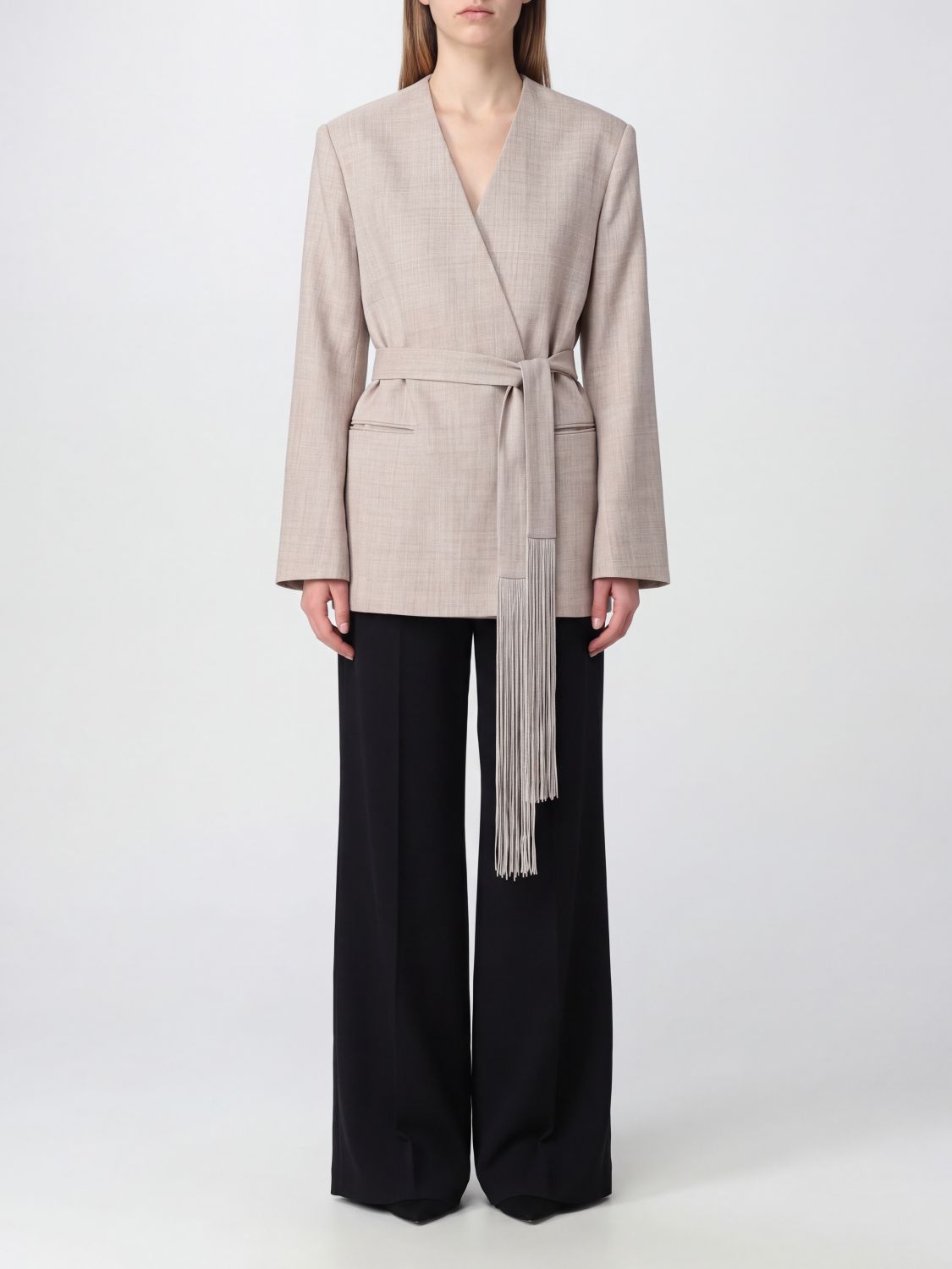 BY MALENE BIRGER JACKET: by Malene Birger Pure Virgin Wool Robe Blazer with Waist Belt, Nude - Img 1