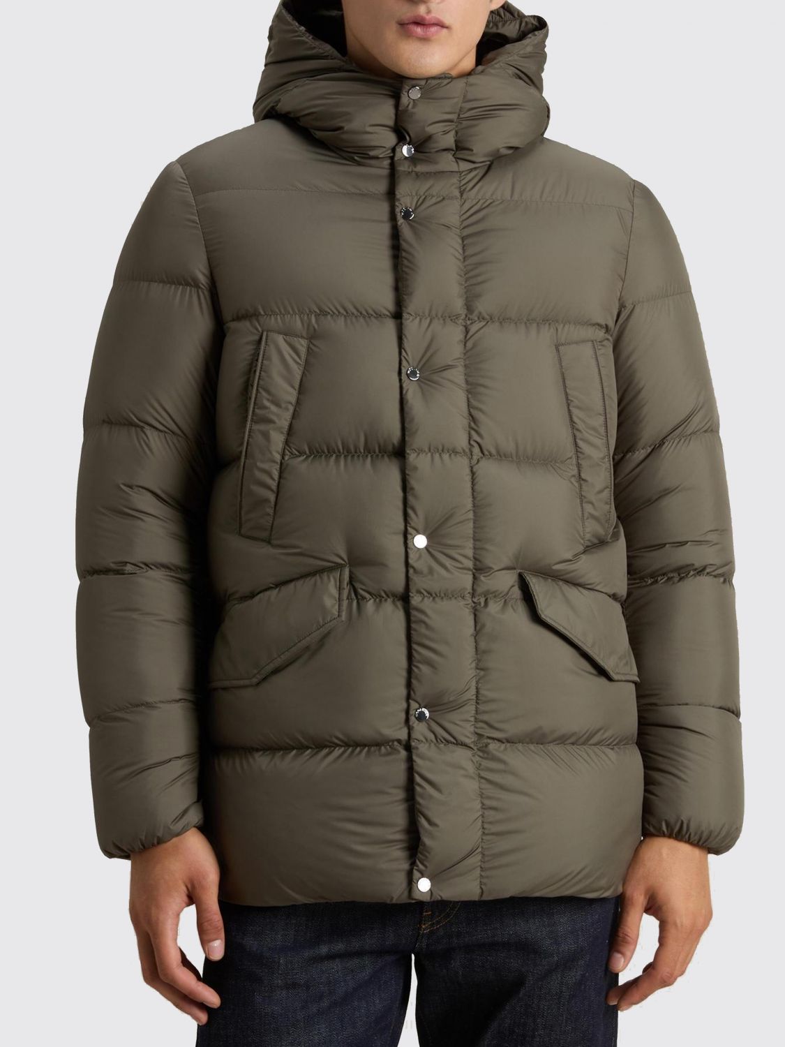 WOOLRICH GIACCA: Piumino trapuntato Woolrich in tessuto tecnico idrorepellente con cappuccio imbottito, Verde - Img 1