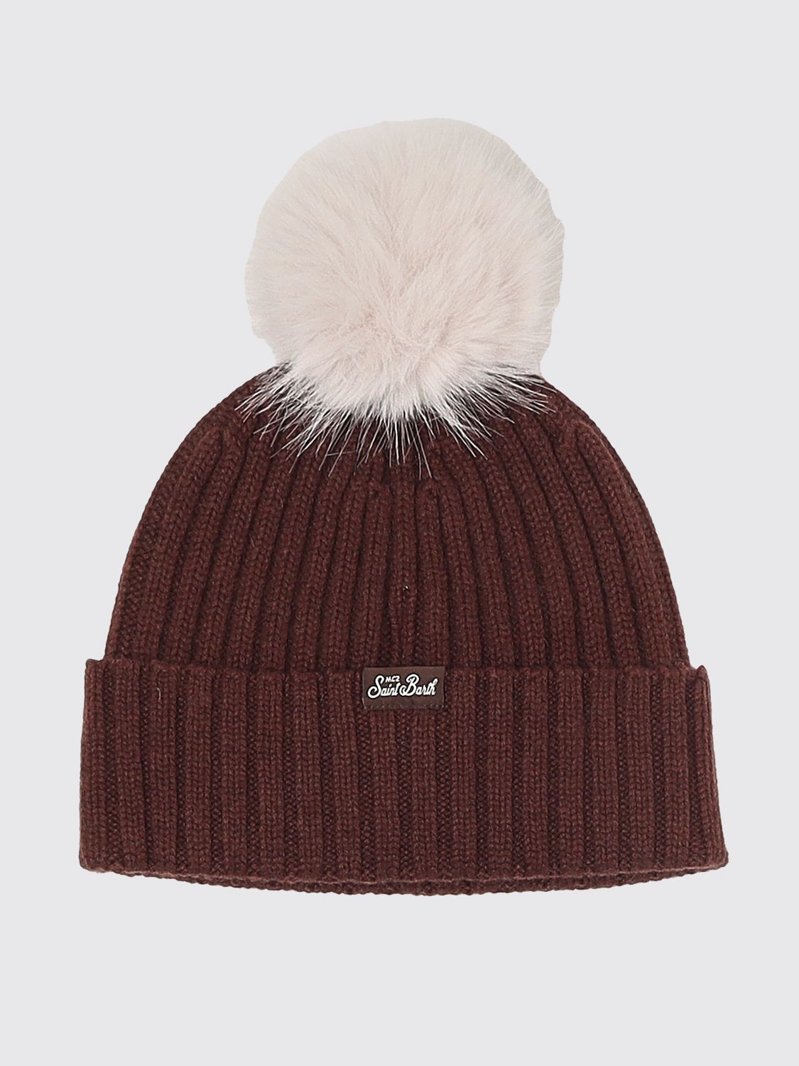 MC2 SAINT BARTH HAT: MC2 Saint Barth Wool and Cashmere Blend Beanie with Pom-Pom and Slogan, Brown - Img 2