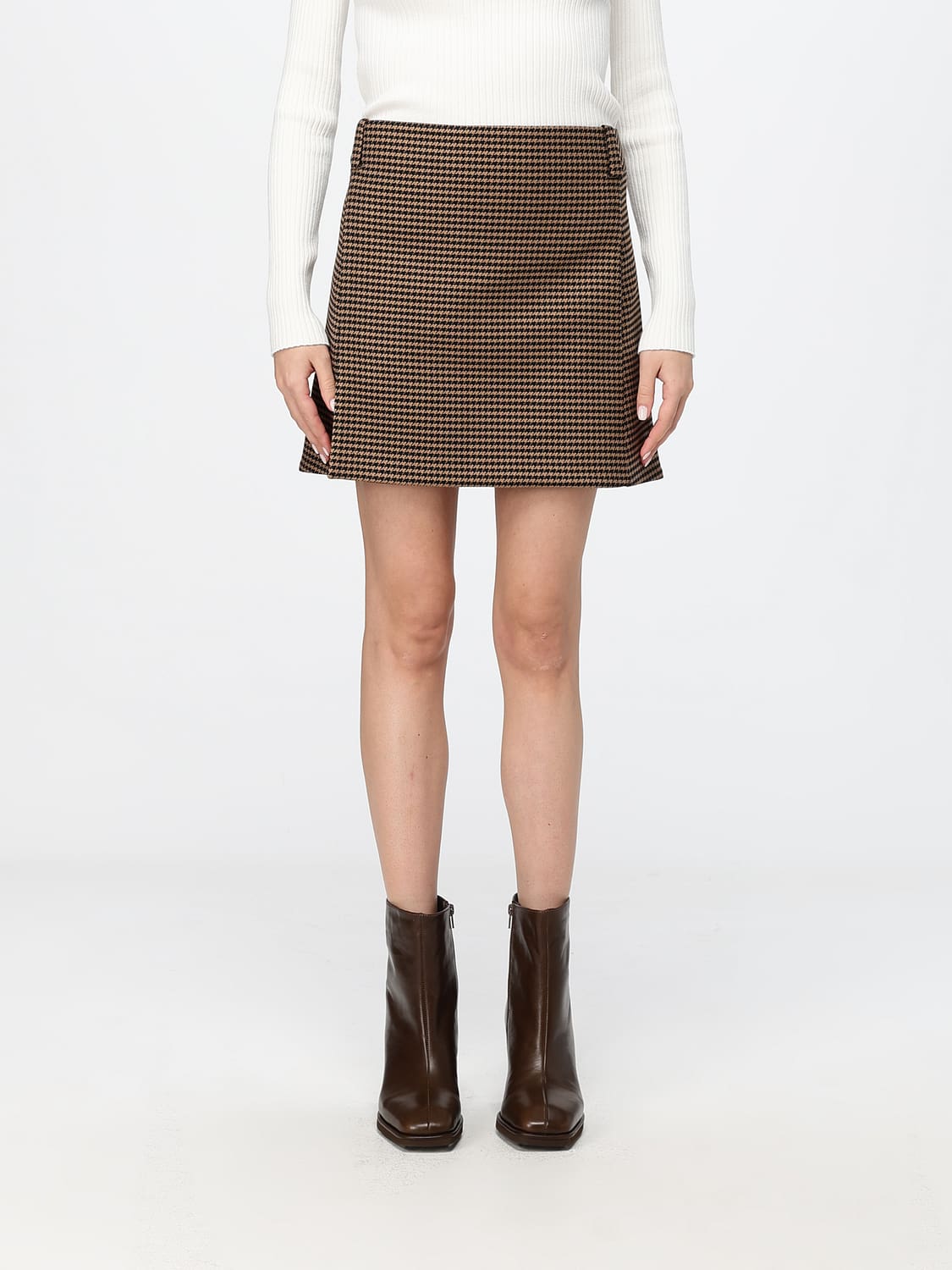 COURRÈGES FALDA: Minifalda evasé Courrèges de tejido de pata de gallo con diseño de talle alto, Marrón - Img 1