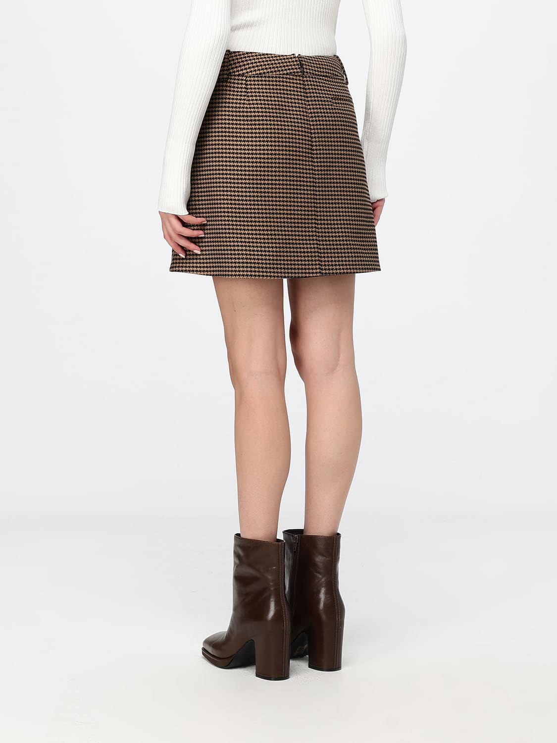 COURRÈGES FALDA: Minifalda evasé Courrèges de tejido de pata de gallo con diseño de talle alto, Marrón - Img 3