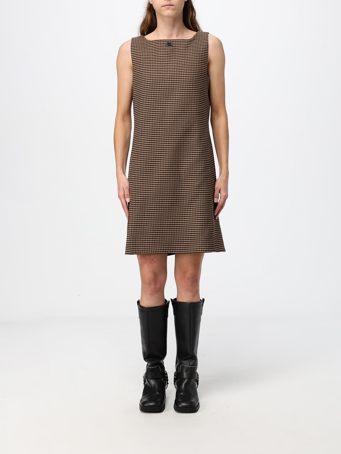 COURRÈGES KLEID: Ärmelloses A-Linien-Minikleid von Courrèges mit Hahnentrittmuster, Braun - Img 1