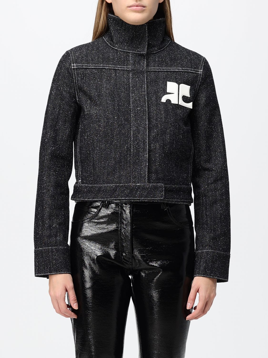 COURRÈGES JACKET: Courrèges Short Denim Jacket with Contrast Logo and Funnel Neck, Black - Img 1