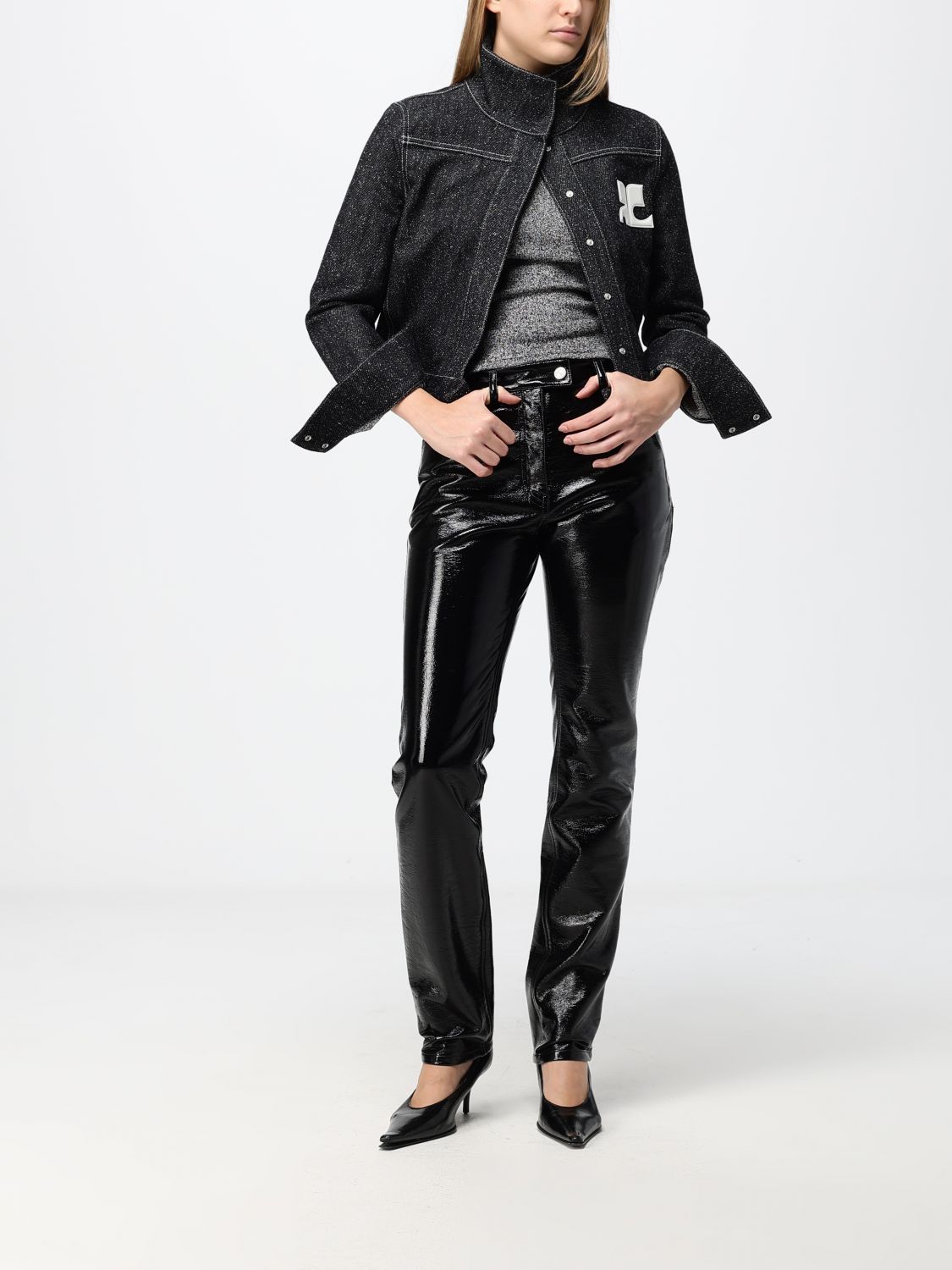 COURRÈGES JACKET: Courrèges Short Denim Jacket with Contrast Logo and Funnel Neck, Black - Img 2