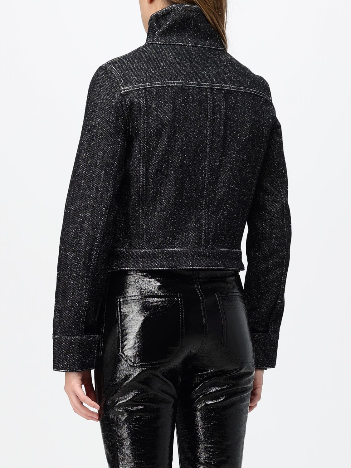 COURRÈGES JACKET: Courrèges Short Denim Jacket with Contrast Logo and Funnel Neck, Black - Img 3
