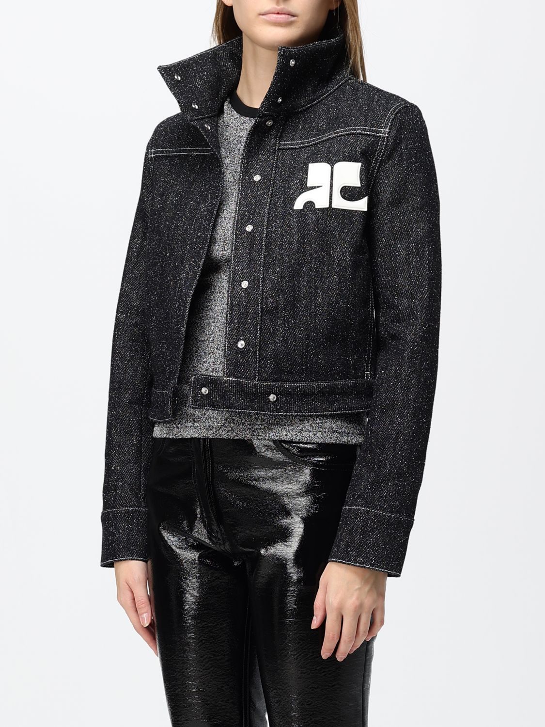 COURRÈGES JACKET: Courrèges Short Denim Jacket with Contrast Logo and Funnel Neck, Black - Img 4