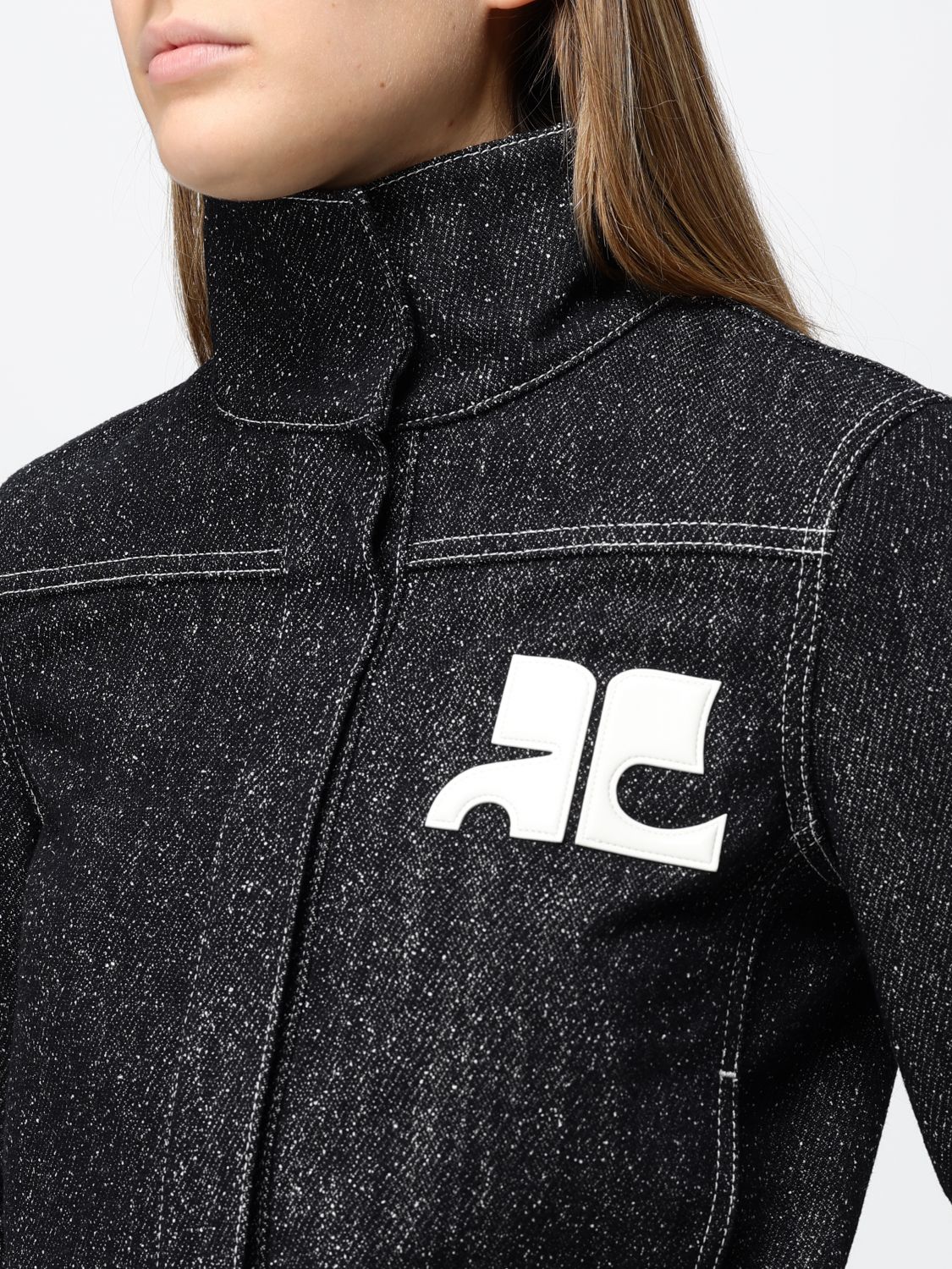 COURRÈGES JACKET: Courrèges Short Denim Jacket with Contrast Logo and Funnel Neck, Black - Img 5